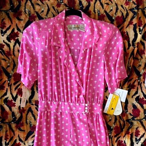 Deadstock Vintage 100% Silk Liz Claiborne 80s Palm Tree Barbie Dream Dress - Picture 1 of 7